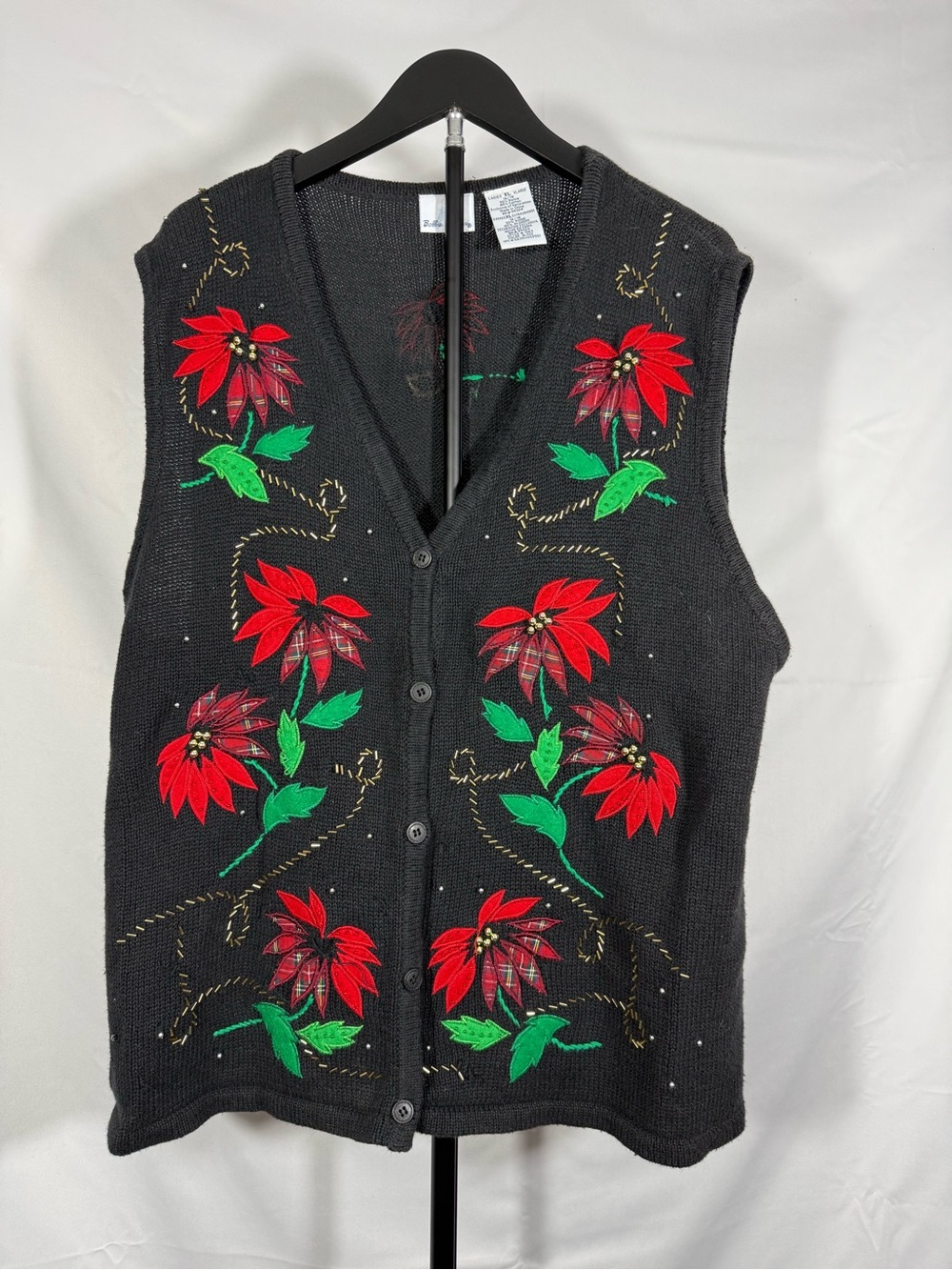 Bobbie Brooks XL Black Poinsettia Embroidered Beaded Sweater Vest